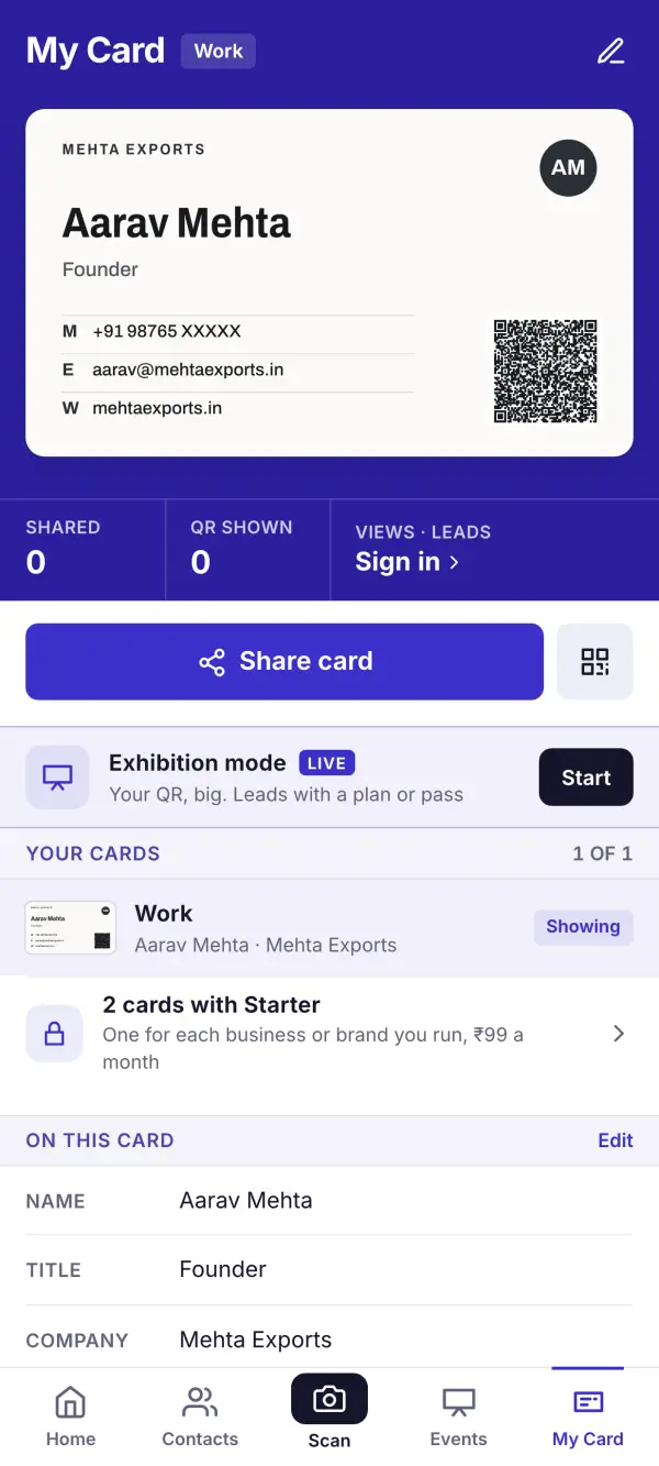 Pulse's My Card screen: a digital business card with a QR code, and share figures
